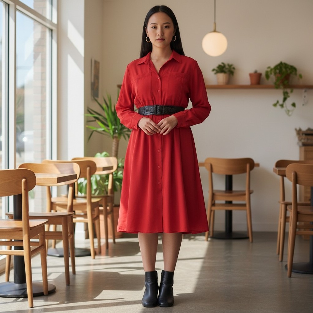 Vintage the Notebook Button Front Red Midi Shirt Dress Size 8